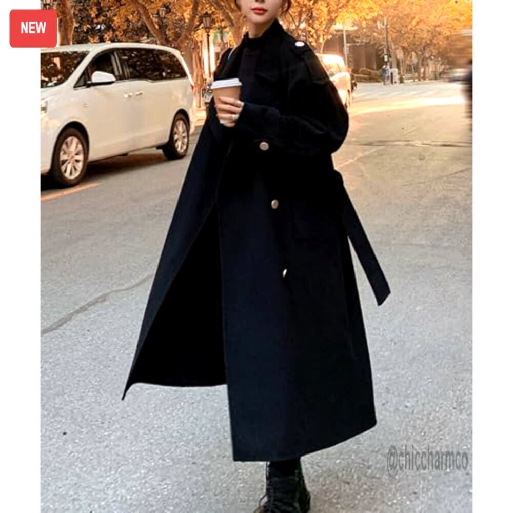 Women's Wool Blend Pea Coat Double Breasted Notch Lapel Long Sleeve Overcoat - Picture 6 of 6